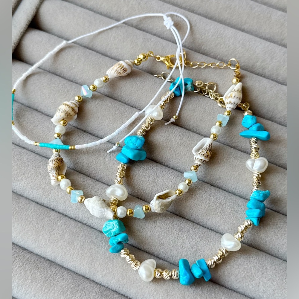 3/$40 Last Set 🔥 Turquoise and Gold Beaded Anklet Set 3 Pc Set Summer Beach - Picture 7 of 10